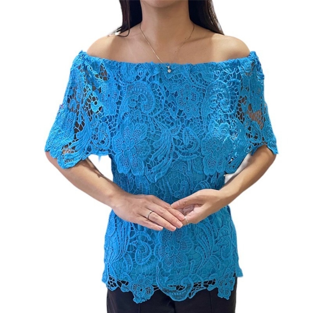 Love Nation Blue M Lace Overlay Off Shoulder Top Ethereal Coastal Artsy Boho Y2K